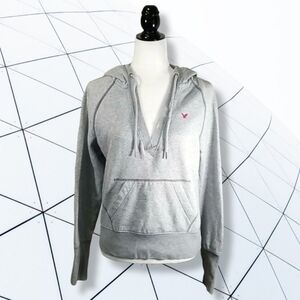 American Eagle Ladies Hoodie Size L Grey V-Neck Embroidered Spell-out